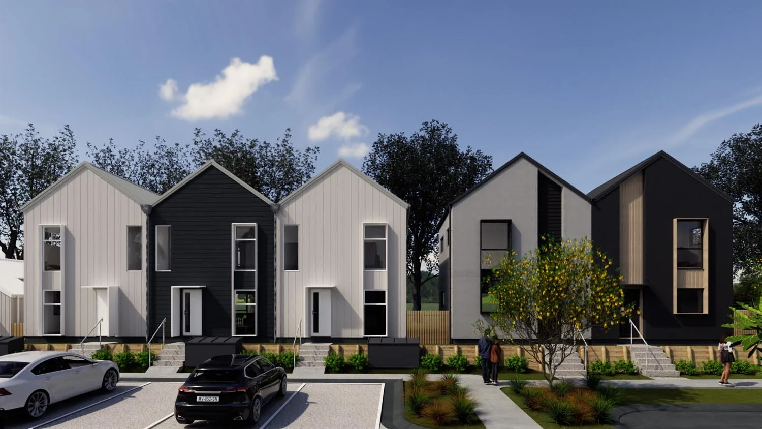 Suburban street with modern townhouses and landscaping