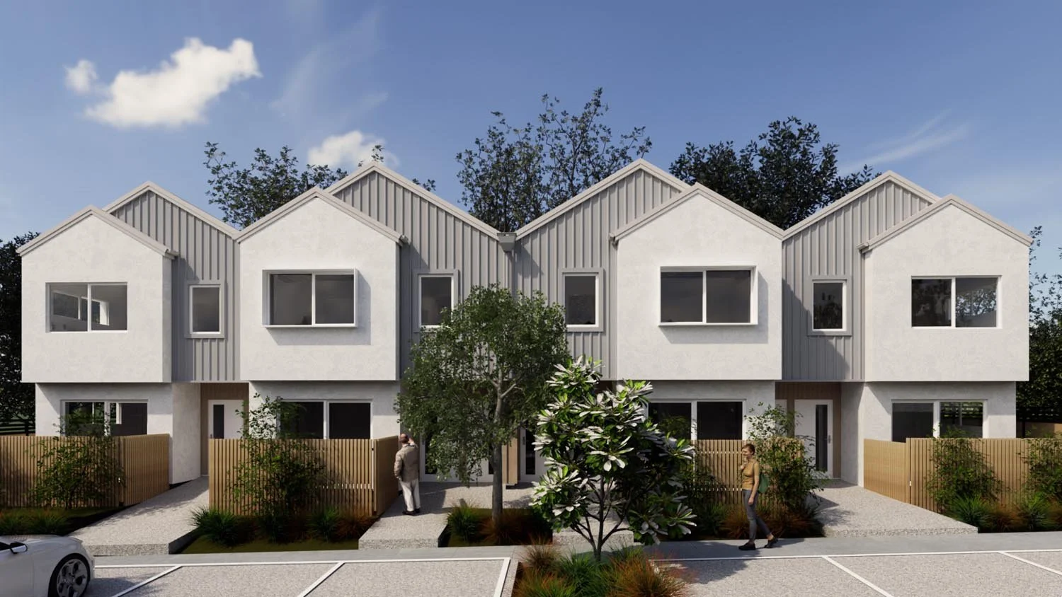 Modern duplex-style homes with simple gable roof forms