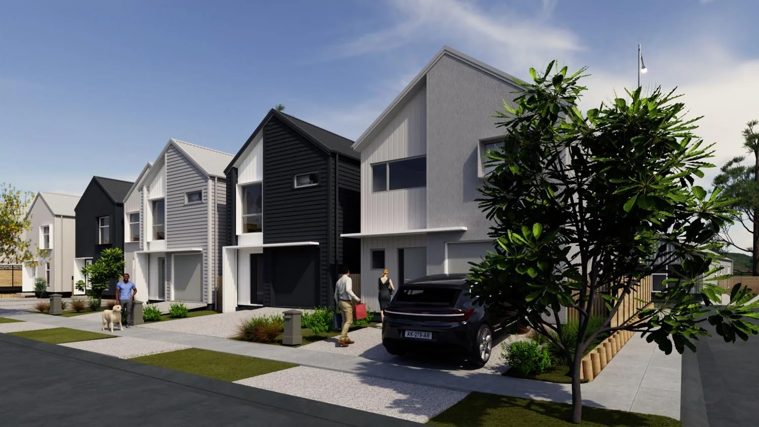 Contemporary terrace housing with contrasting cladding and vertical windows