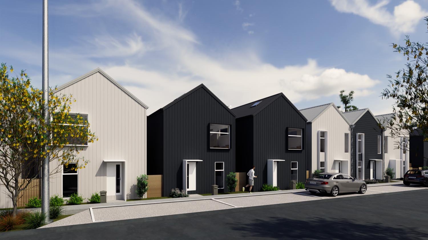 Contemporary townhouses with integrated garages and clean façade design