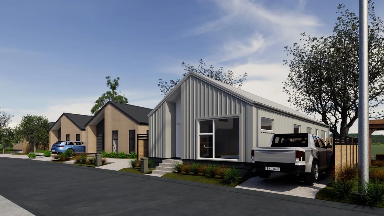 Single storey unit development with driveway access and simple modern design