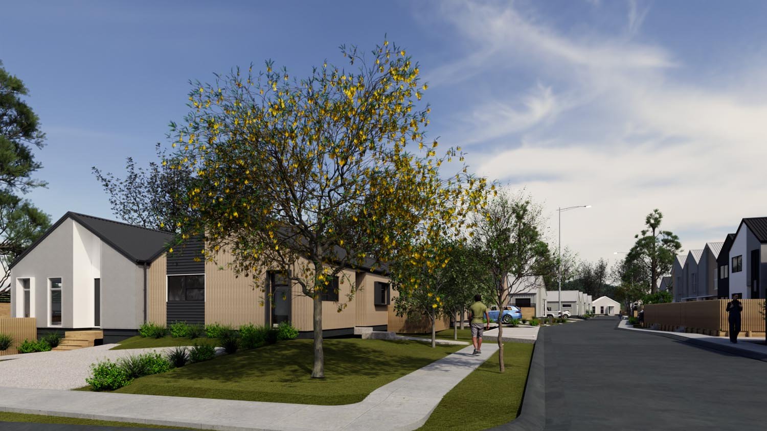 Residential development street view with landscaping, footpaths, and pedestrian activity