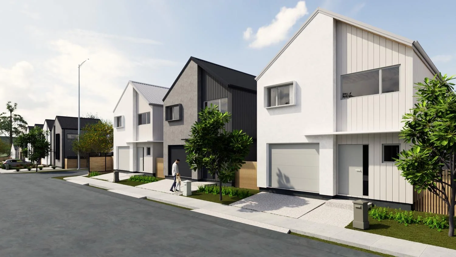 Compact townhouse design with dual garages and functional driveway layout