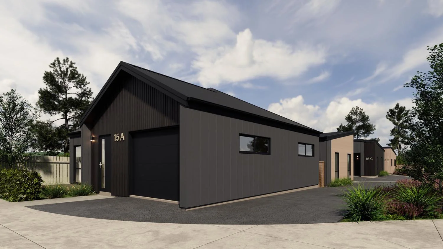 Compact 4 lot subdivision with modern dwellings arranged along a shared driveway for efficient land use