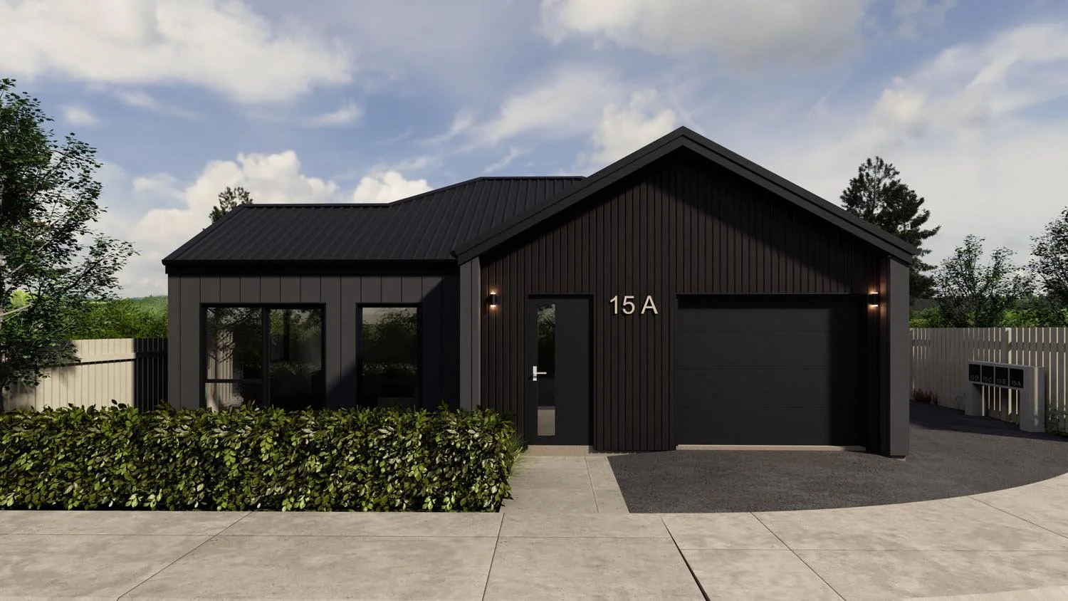 Street view of 4 lot subdivision with contemporary single-storey homes and landscaped frontage