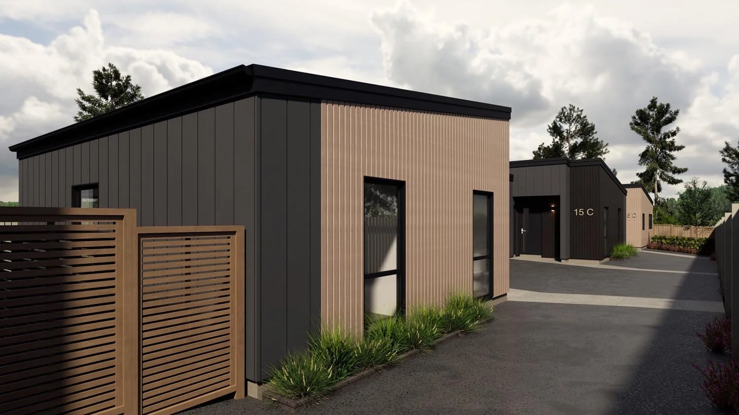 Rear dwellings in a 4 lot subdivision connected by shared accessway with modern exterior finishes