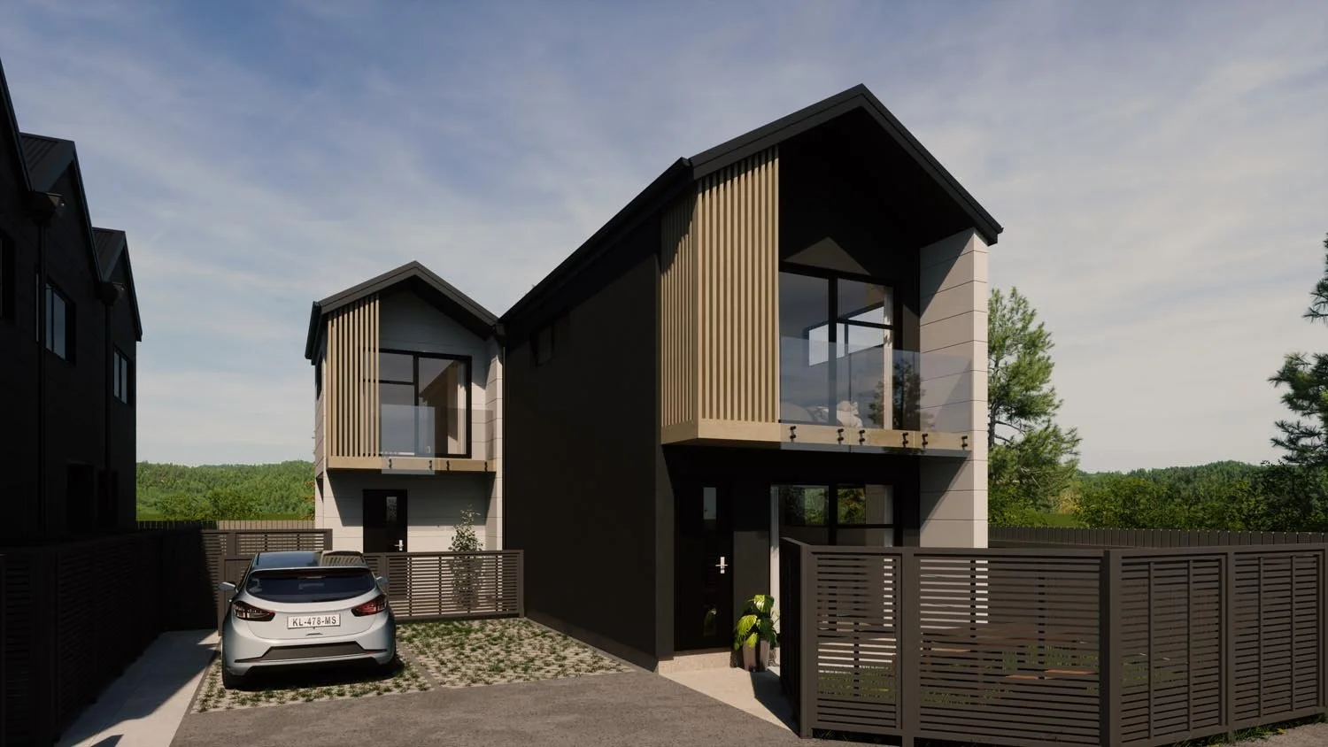 Row of terraced townhouses in a 6 lot subdivision with modern architectural design and compact urban layout