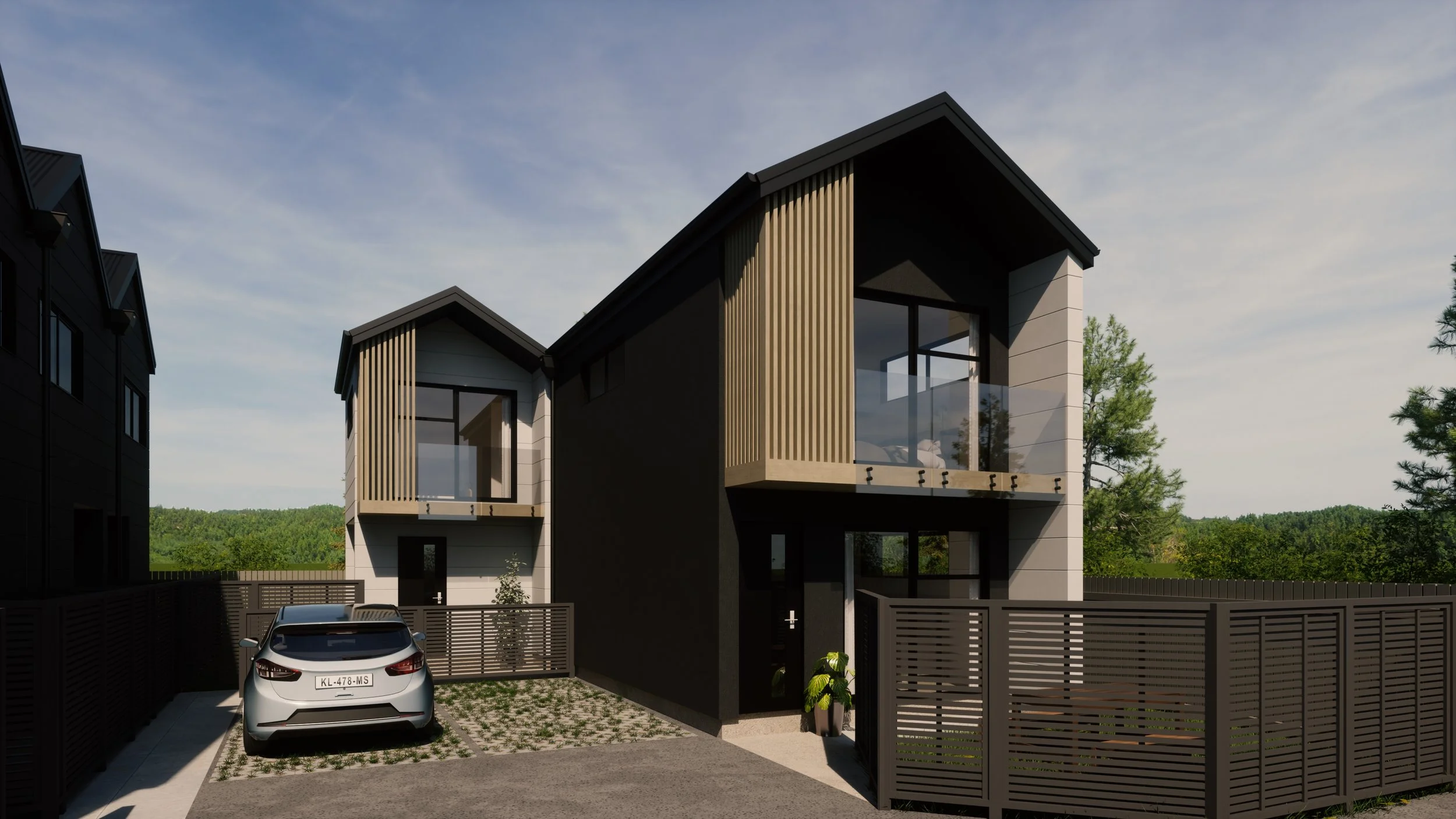 Row of terraced townhouses in a 6 lot subdivision with modern architectural design and compact urban layout