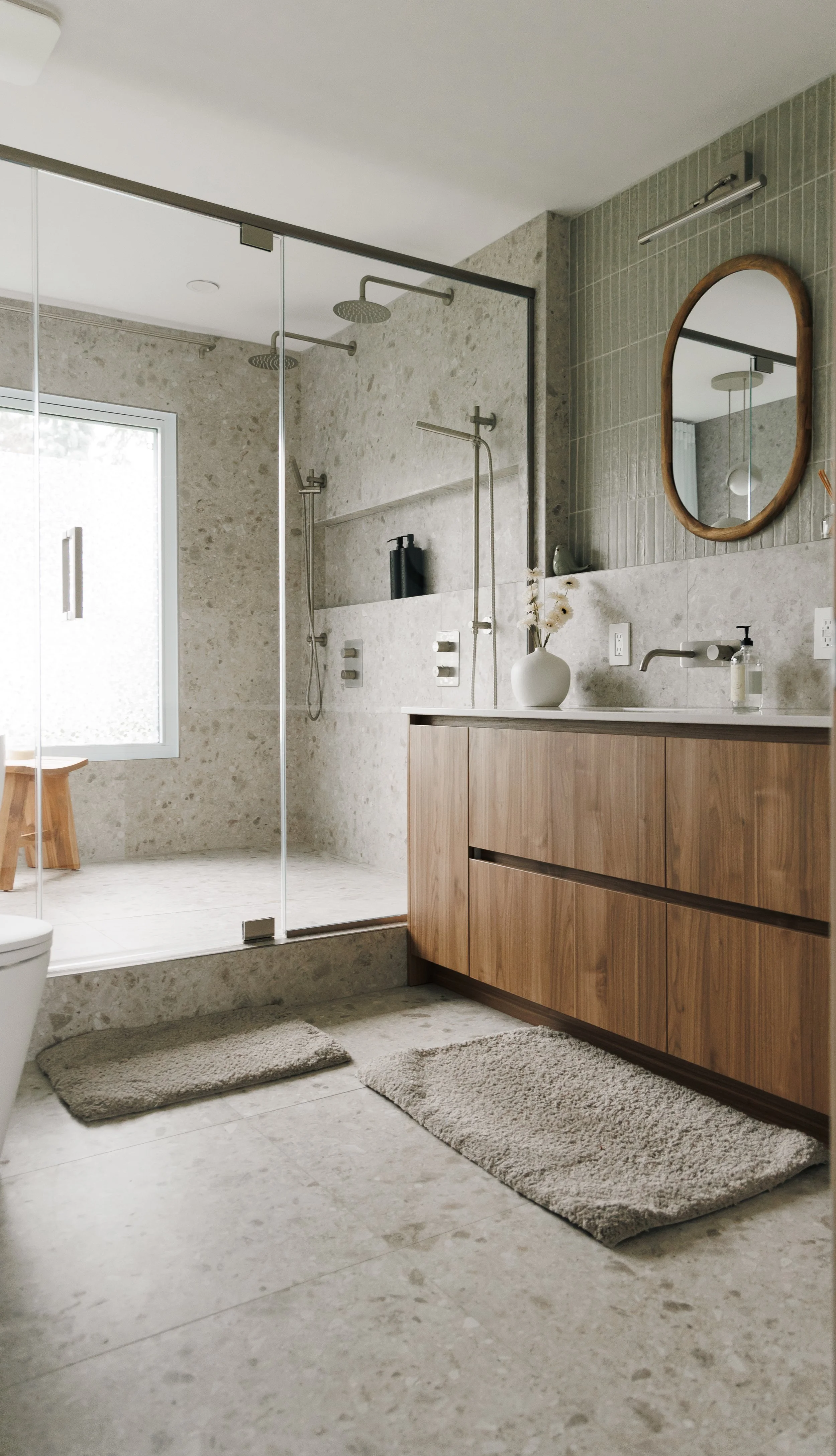 Salon de bain avec une douche spacieuse en verre, un lavabo en bois avec un miroir ovale, et deux tapis en peluche grise. La décoration est moderne avec des murs en pierre et un éclairage discret.