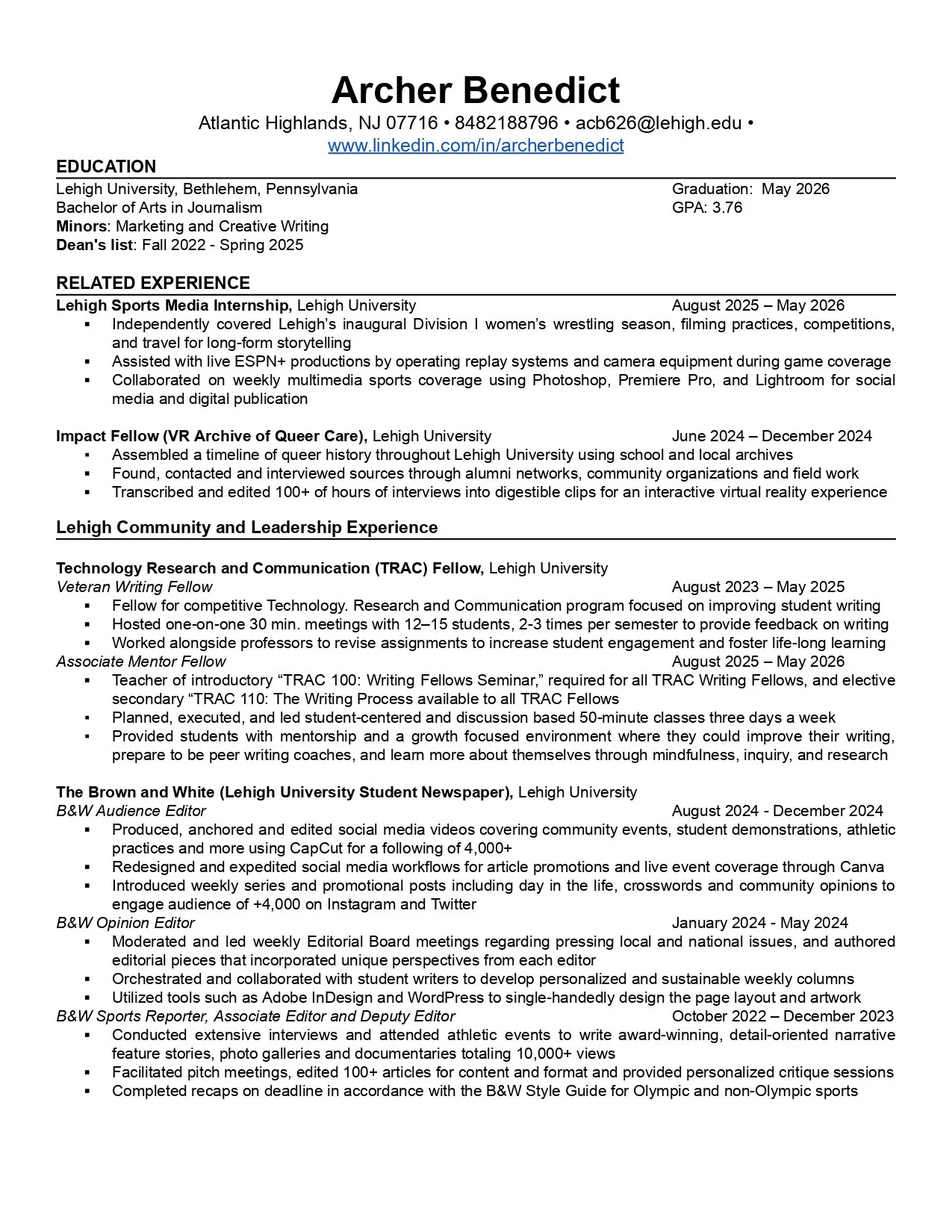 Resume of Archer Benedict listing education, experience, and leadership roles in journalism, sports media, community service, and editorial work.