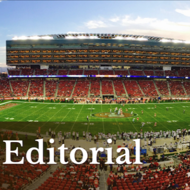 Inside a large football stadium with a field prepared for a game, empty red seats, and a large video scoreboard, with the word "Editorial" overlaid at the bottom.