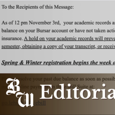 A partially visible document with instructions for students about academic records, registration deadlines, and fees. Some text is highlighted in blue and black, and there is a brown section with the words 'Bu Editorial' in stylized font.