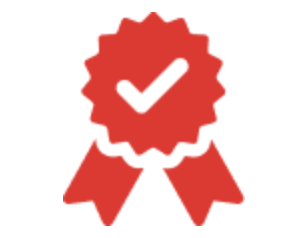 A red award ribbon with a white checkmark in the center.