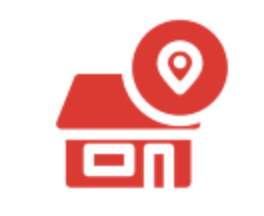 Red and white icon combining a house outline and a location pin