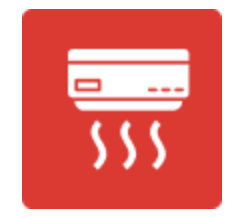 Illustration of a wall-mounted air conditioner with air flow lines beneath it, on a red background.