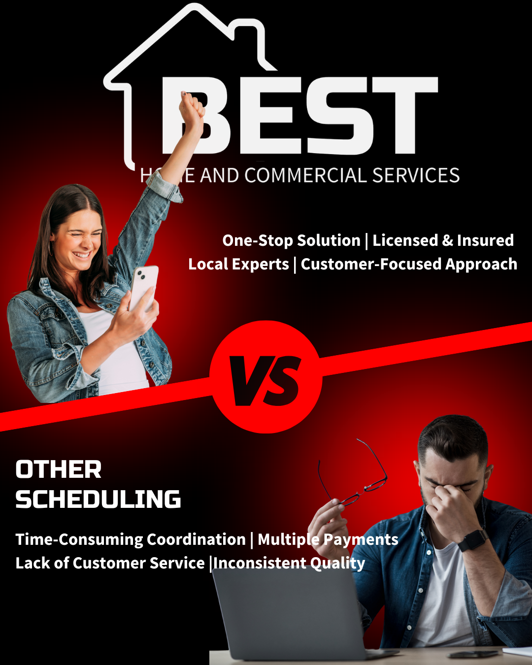 Comparison of home and commercial services versus other scheduling options, highlighting benefits and drawbacks.