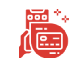 Red calculator with a split display, surrounded by grid and plus symbols.