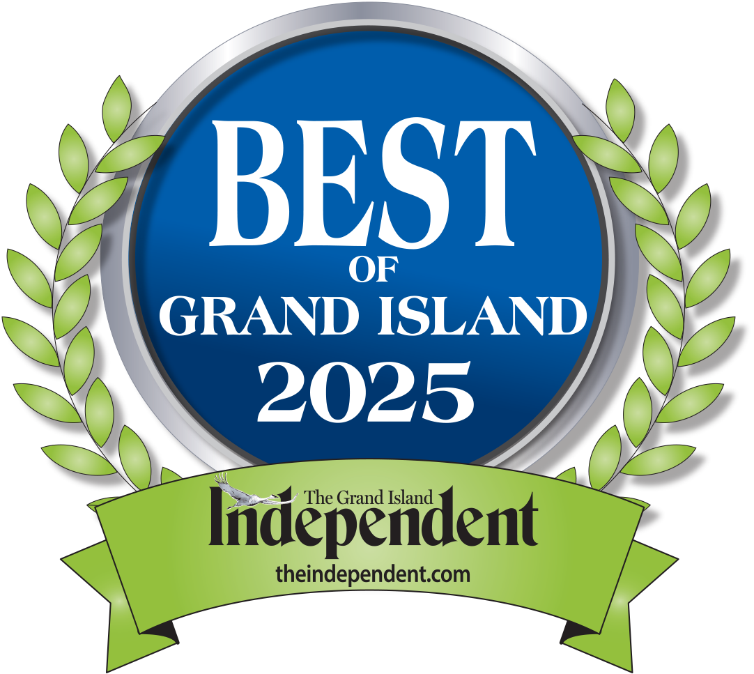 Badge labeled 'Best of Grand Island 2025' from The Grand Island Independent with a green ribbon and a laurel wreath.