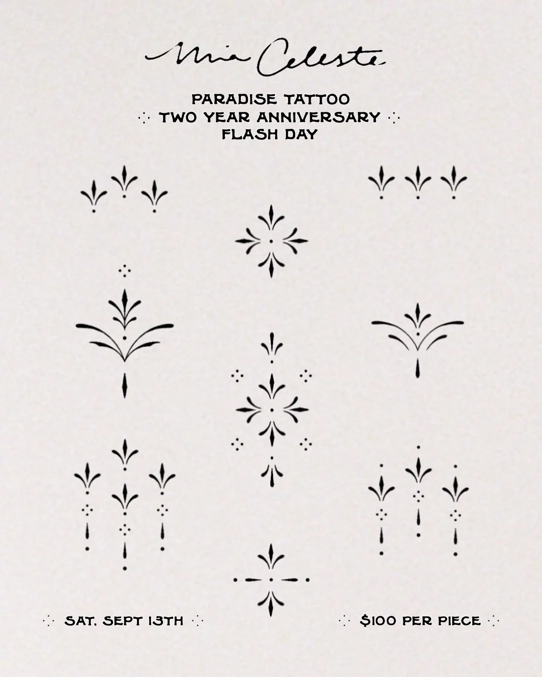 this time next week, we&rsquo;ll be slinging $100 tattoos for Paradise&rsquo;s 2 year anniversary party! here are all my available designs and some inspo for placement 🤩

which one are you gonna get??