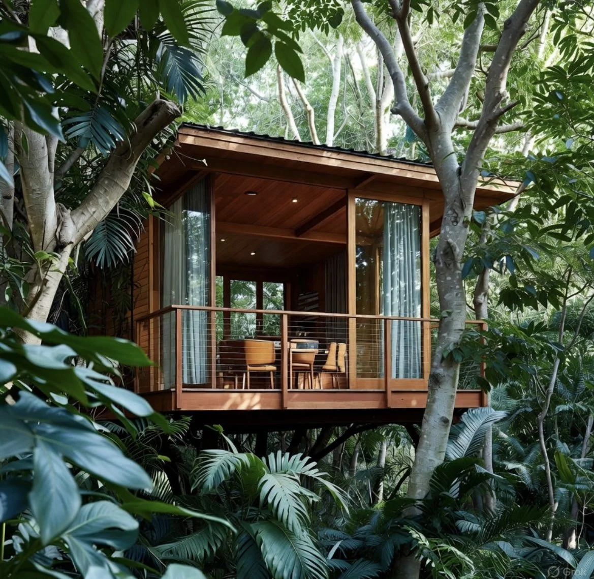 A modern wooden house built on stilts surrounded by dense green jungle foliage, with large glass windows and a small balcony with a table and chairs inside.