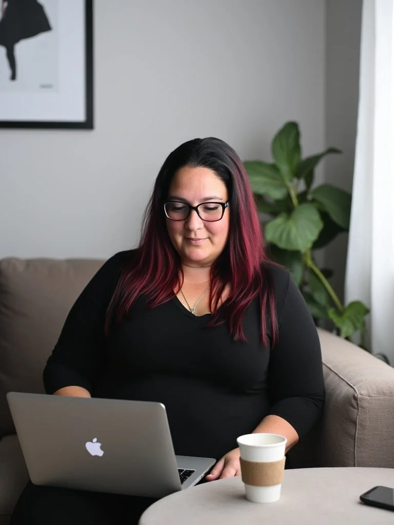 A woman with glasses and dark red hair working on a laptop at home with a coffee cup nearby.