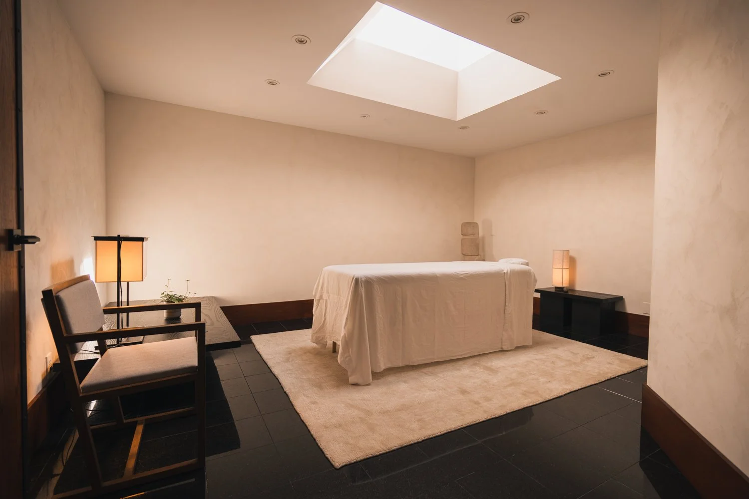 Minimalist bedroom with a skylight, a bed with white bedding, two nightstands with lamps, a small table with a plant, a beige rug, and a wooden chair with a cushion.