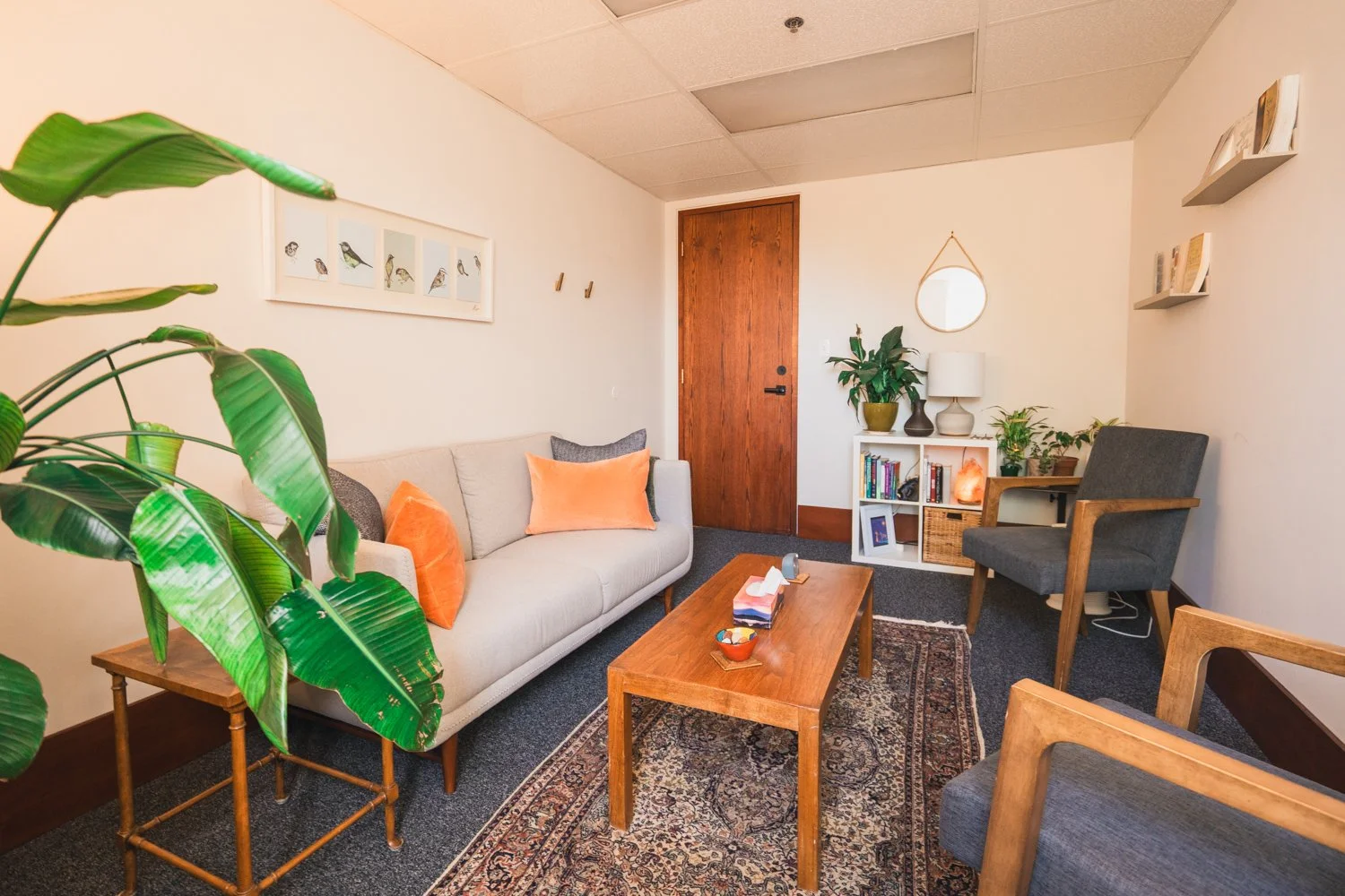 Living room with a beige sofa, gray armchair, wooden coffee table, white bookshelf, potted plants, framed bird pictures, wall hooks, round mirror, and decorative pillows.