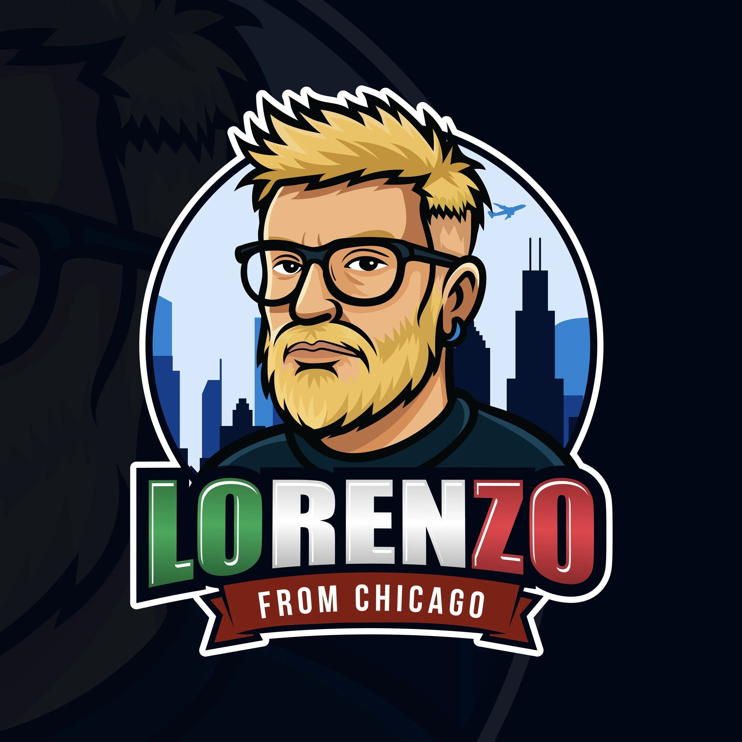 A digital illustration of a man with blond hair, glasses, a beard, and an earring, with a Chicago skyline in the background. Text reads "Lorenzo From Chicago."