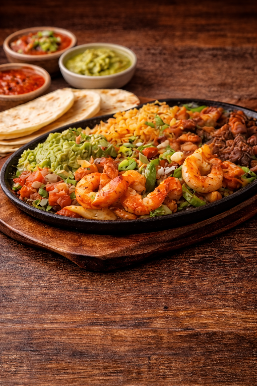 A sizzling fajita skillet containing shrimp, chicken, beef, and vegetables, served with guacamole, cheese, and salsa, accompanied by tortillas and small bowls of salsa, guacamole, and chopped vegetables.