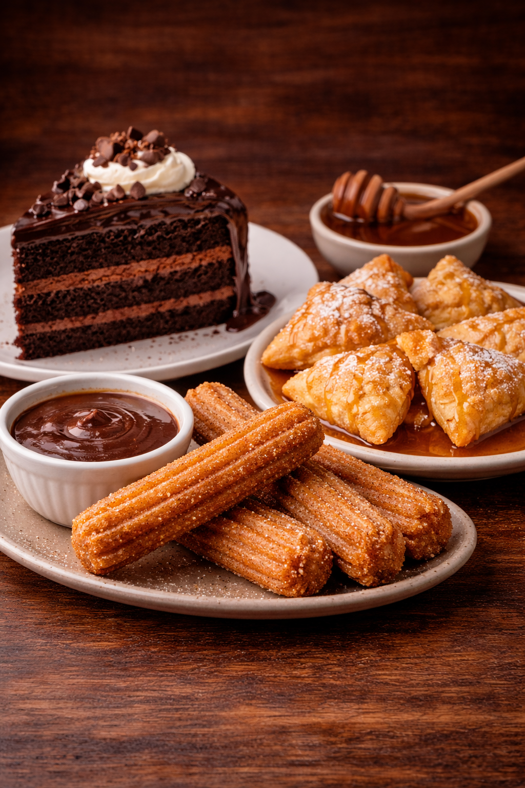 A plate of churros with chocolate sauce, a plate of fried empanadas dusted with powdered sugar, a slice of chocolate cake with whipped cream and chocolate chips, and bowls of chocolate sauce and honey on a wooden table.