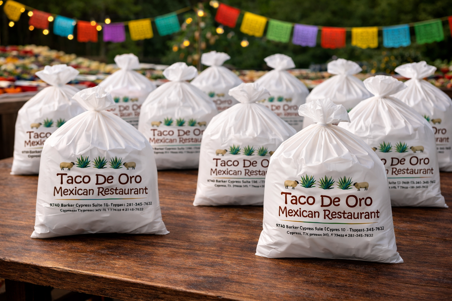 Multiple white plastic bags with the Taco De Oro logo and text, arranged on a wooden table, with colorful paper banner and tables of food in the background.