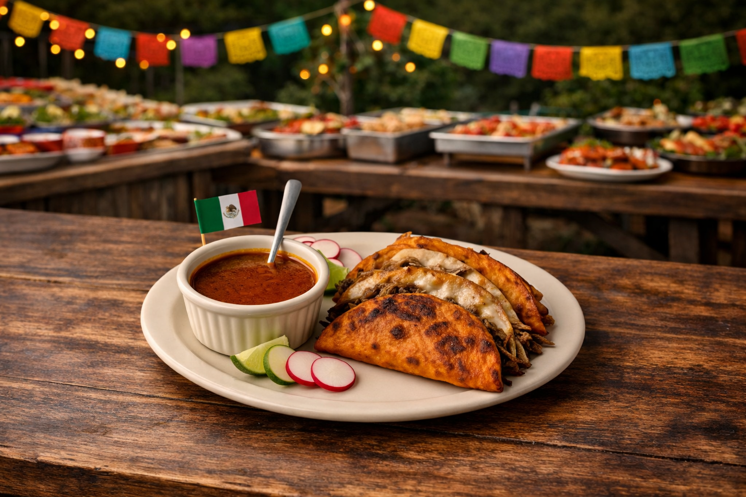 Plate with Mexican food including two tacos, a side of radish slices, lime wedges, and a small bowl of red sauce, with a Mexican flag on the bowl, on a wooden table outdoors at a festive event with colorful banners and more food in the background.