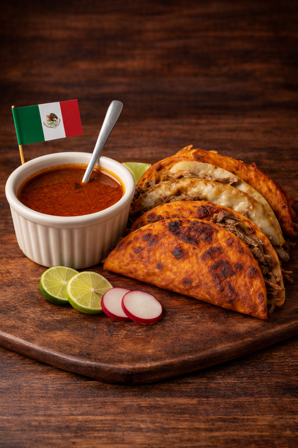 Three Mexican Birria tacos. beef tacos with melted cheese on a wooden platter, accompanied by a bowl of consume with a Mexican flag toothpick, garnished with lime wedges and radish slices.