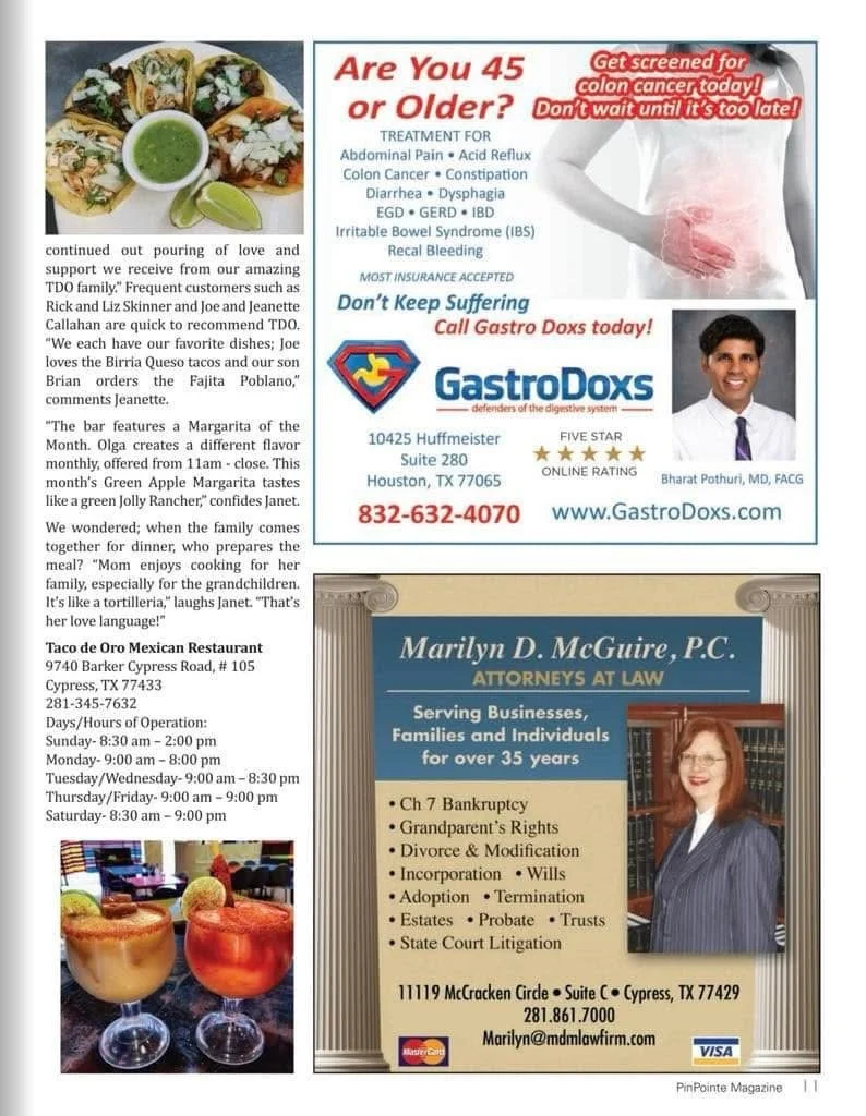 An advertisement for Gastro Doxs featuring a doctor and contact information, and a business card for Marilyn D. McGuire, attorney at law, including her photo and contact details.