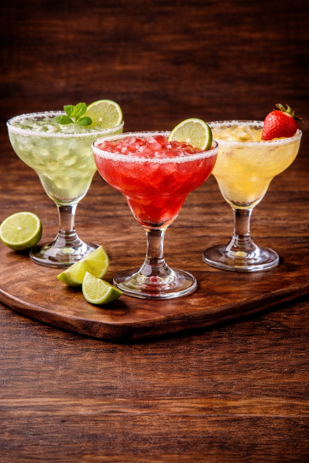 Three colorful margaritas in glasses garnished with lime slices and fruit, placed on a wooden tray with additional lime wedges, set against a dark wooden background.