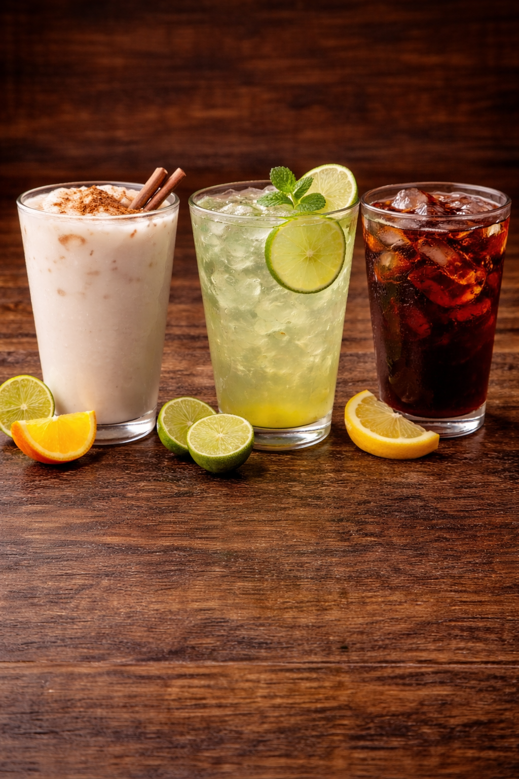 Three beverages on a wooden surface: a creamy white drink with cinnamon and cinnamon sticks, a lime and mint cocktail with ice, and a dark soda with ice. Lemon and lime wedges are scattered around.
