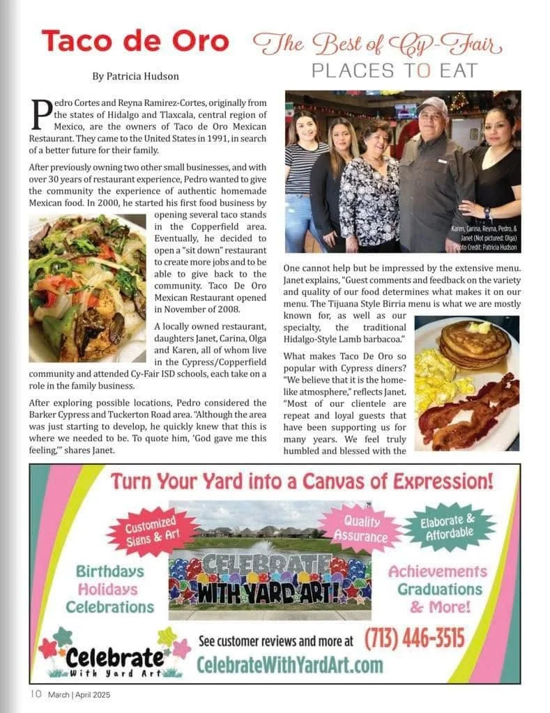 Page from a magazine or newspaper featuring an article about Taco de Oro, a Mexican restaurant, with a photo of five staff members, a picture of a taco, and an advertisement for Yard Art with colorful graphics and text promoting yard decoration services.