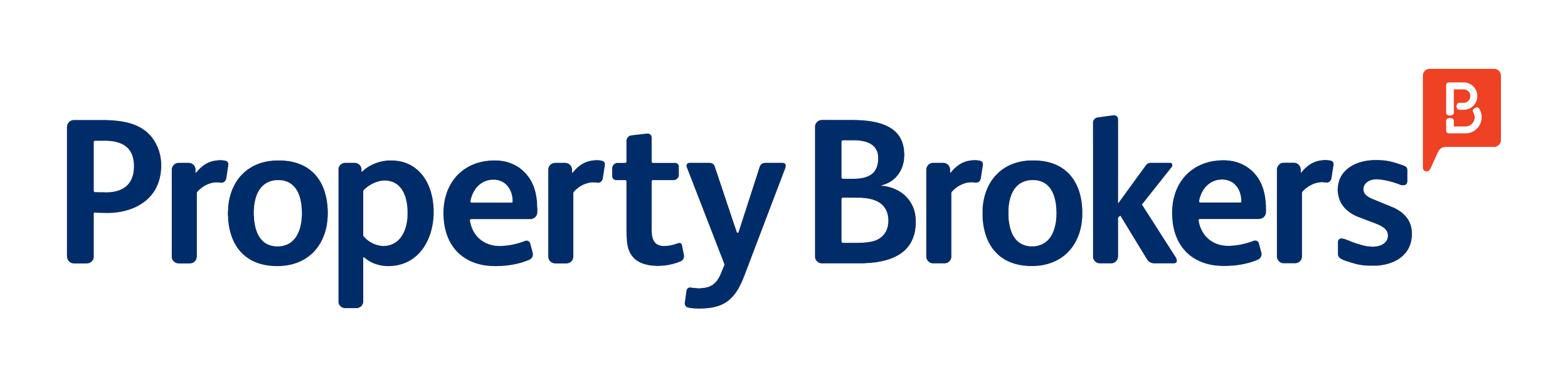 Logo of PropertyBrokers, a real estate company, with blue text and a red Office Bell icon.