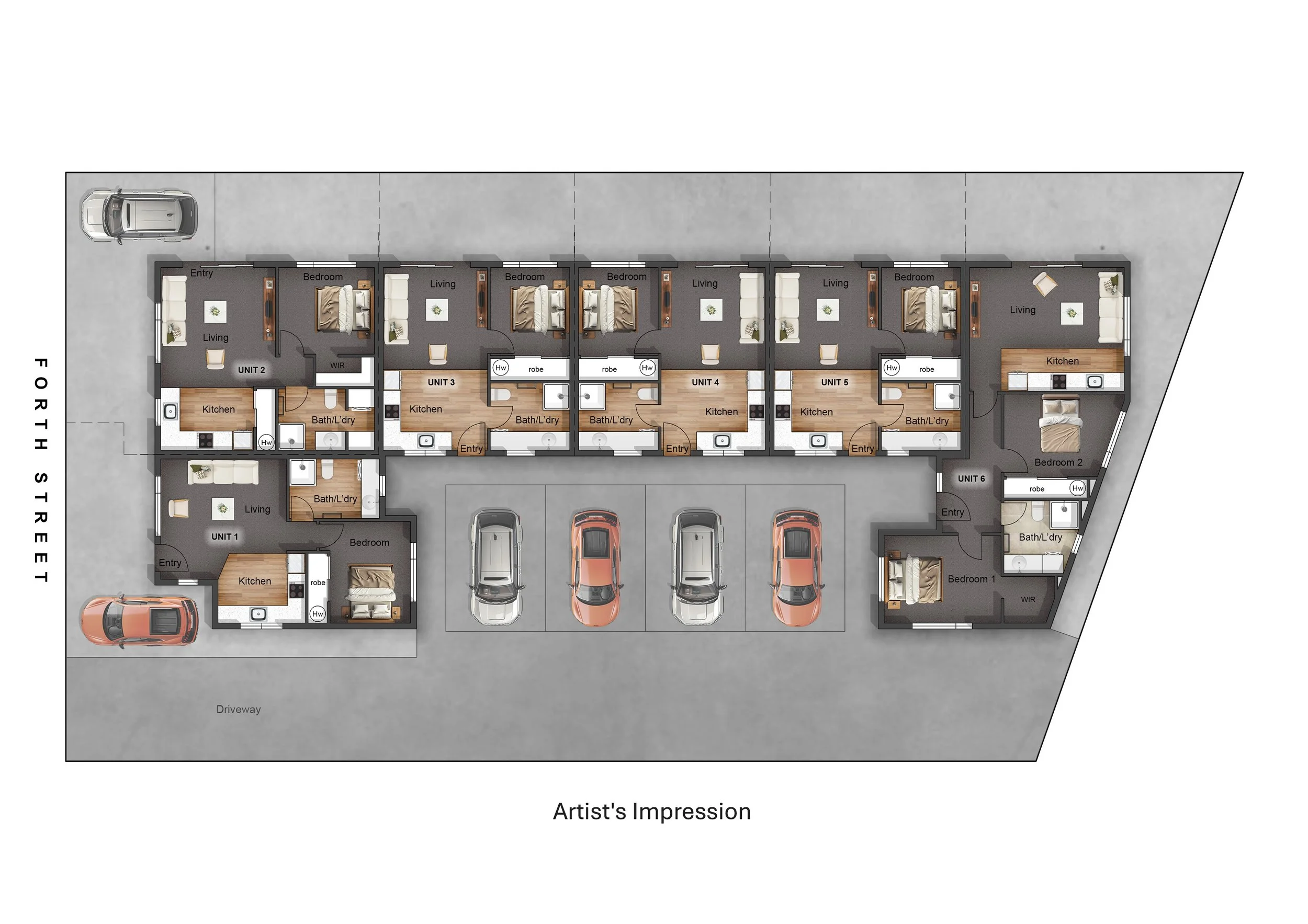 Floor plan of a multi-unit residential building with six apartments and parking spaces, showing room layouts and entrances.