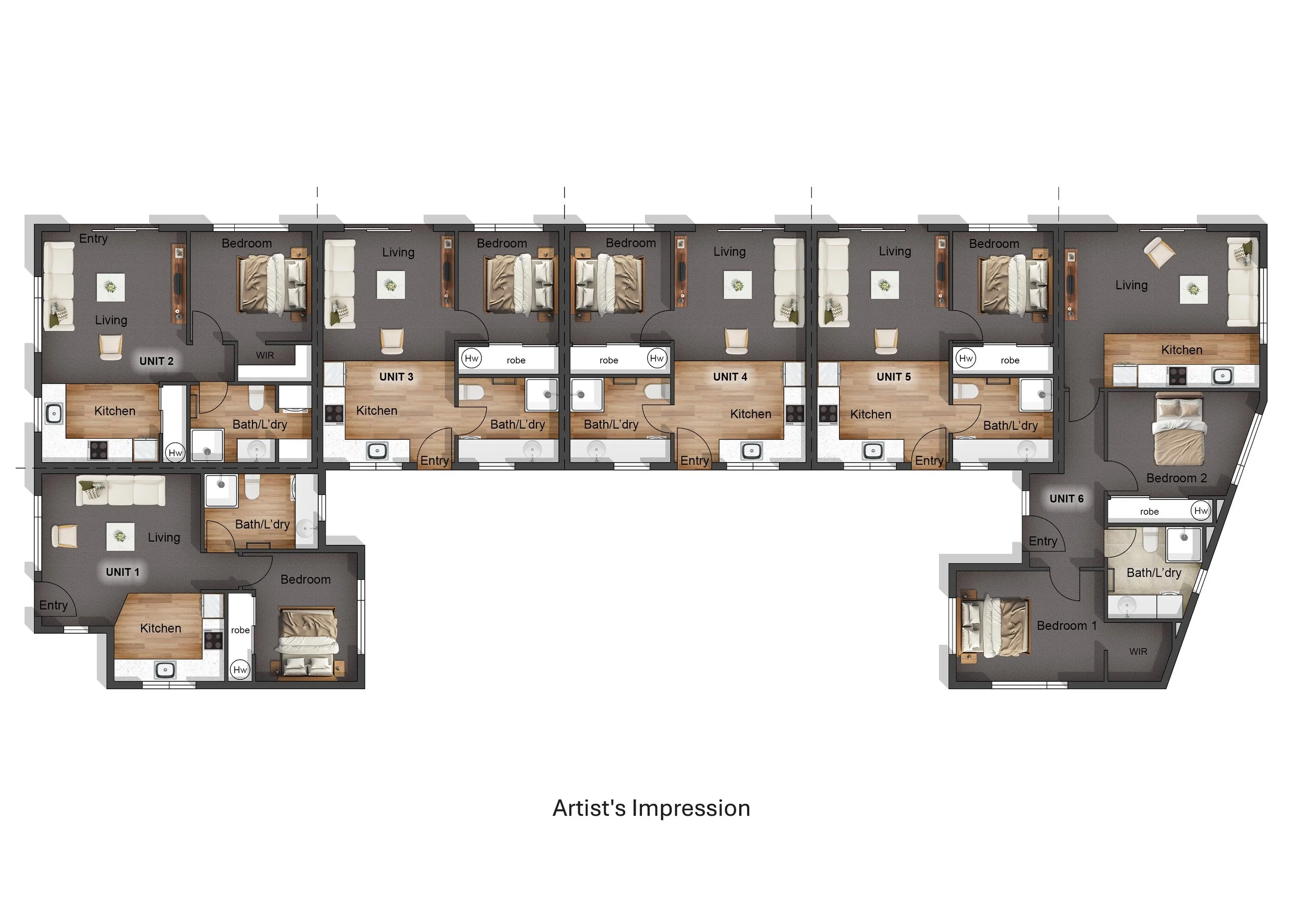 Floor plan of a multi-unit residential building with six individual apartments, each with living areas, kitchens, bedrooms, bathrooms, and entryways.