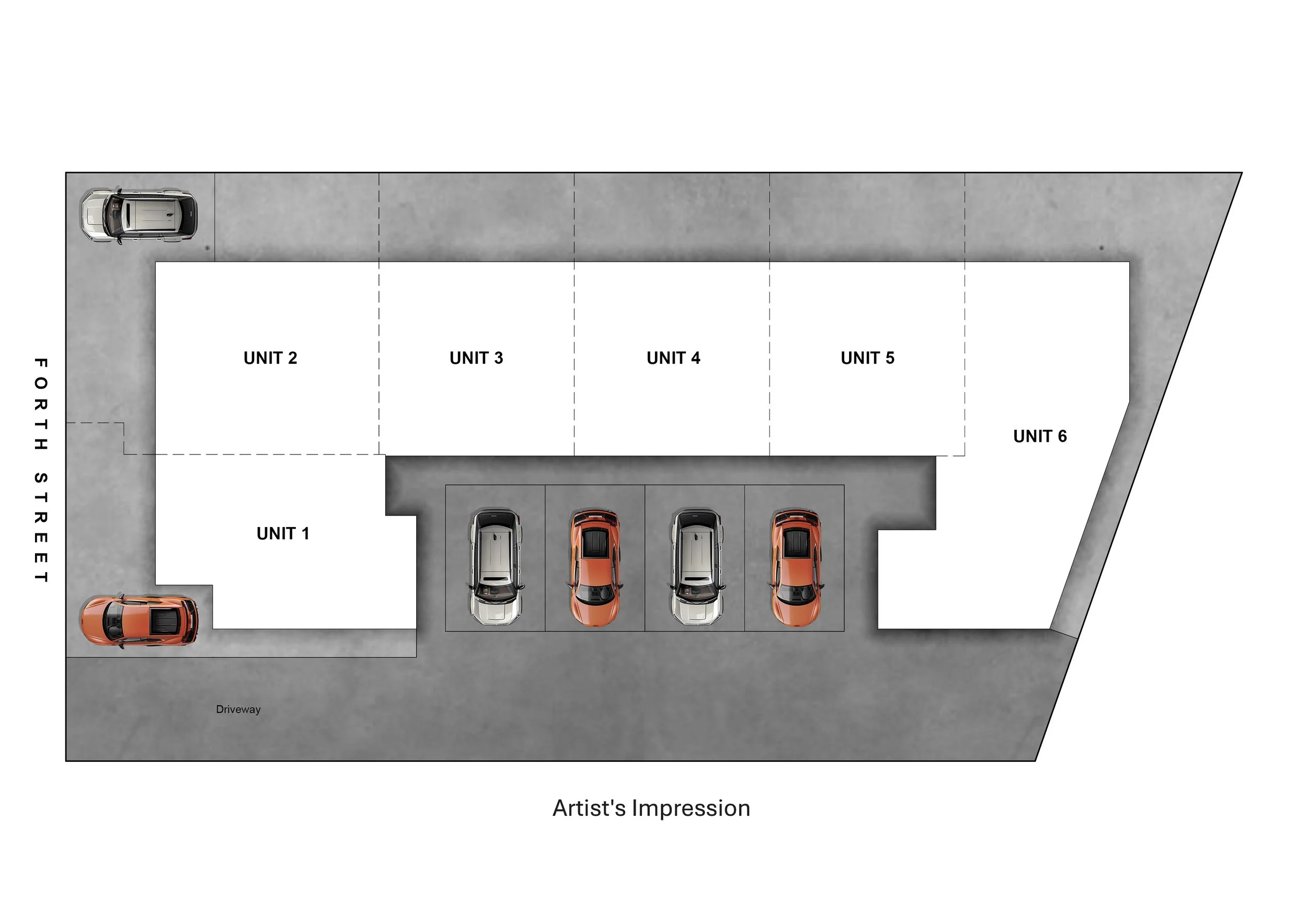 A site plan for a multi-unit residential complex showing six units with parking spaces and driveways, with vehicles parked in front and around the units, labels for roads and directions.