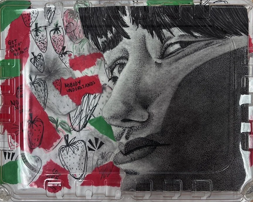 "Mind Mush" is made of charcoal, sharpie, scraps of red/green paper, bulletpoint pen, and a real plastic strawberry box. It was on display April 6th- May 1st at the John A. Cade Center for Fine Arts Gallery in Anne Arundel Community College on behalf