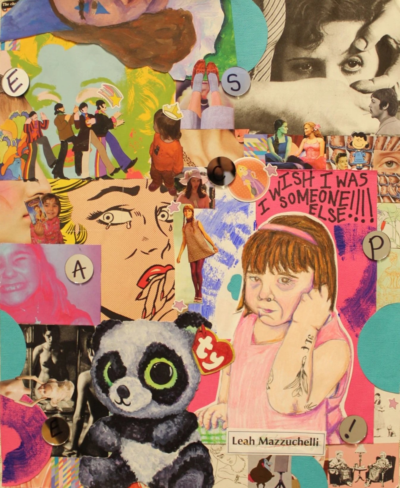 "Escapism" a collage, watercolor, colored pencil, mascara, and found objects. 