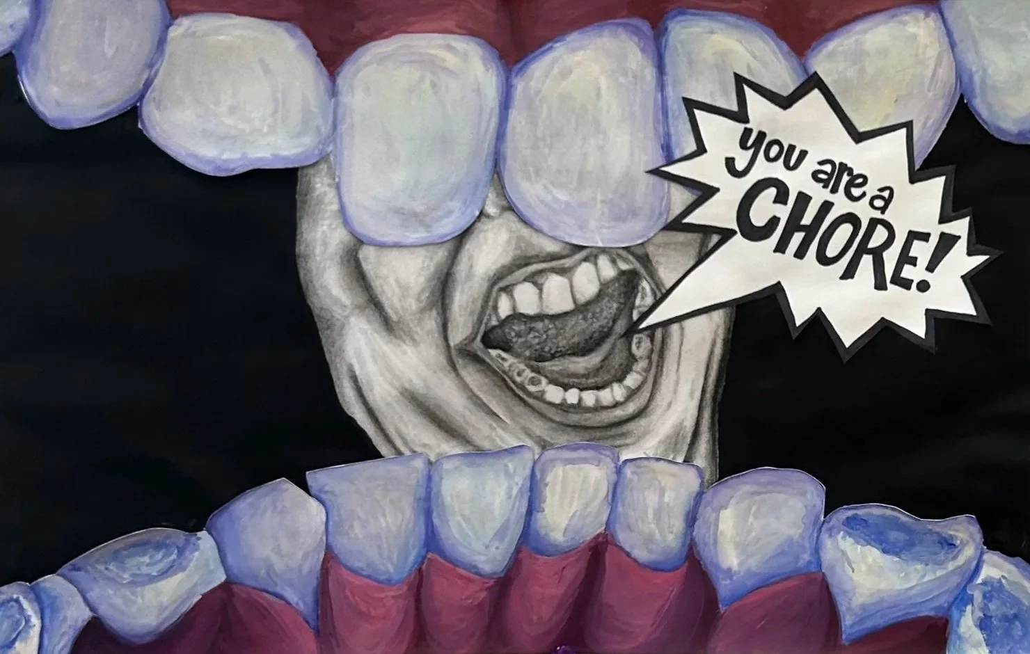"When I Grew Teeth" made of charcoal, acrylic, sharpie, and watercolor. 