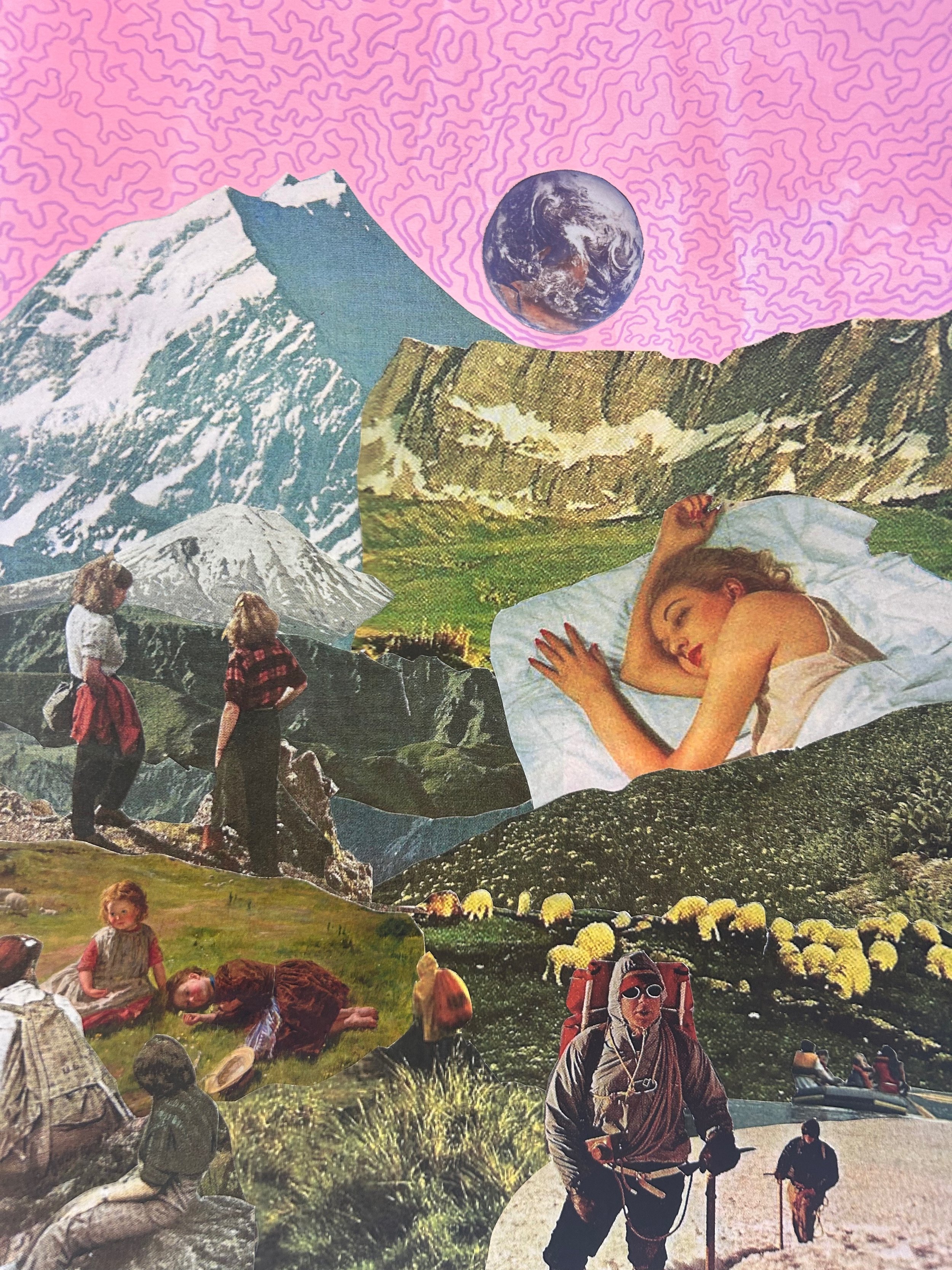 "Dusty Pink Dreams" made in watercolor, pen, and vintage magazine graphics. (Fall 2024)