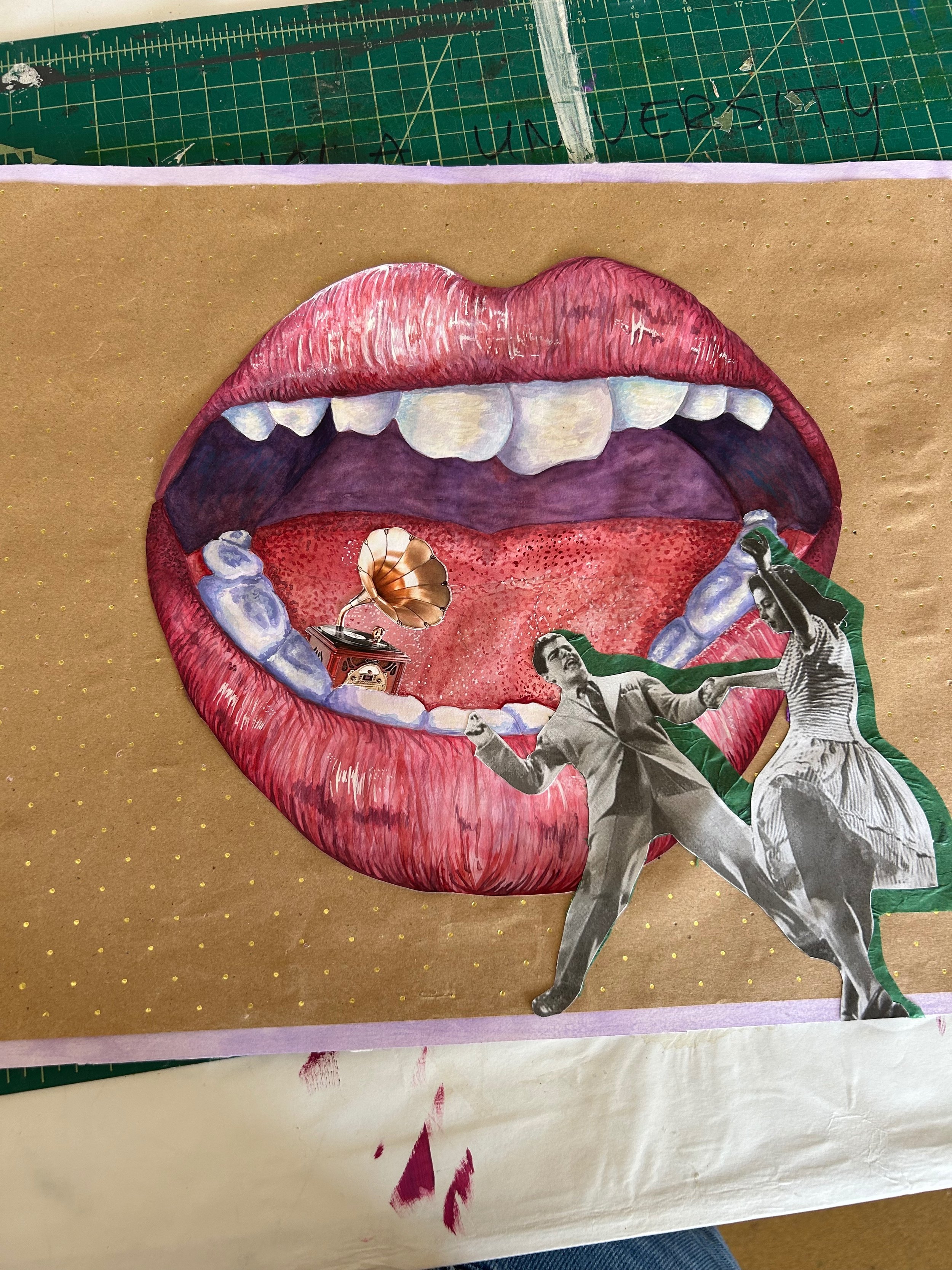 "You Make Me Wanna Go Dancin'" made in watercolor, tissue paper, found textured construction paper, and vintage magazine graphics. (Fall 2024)