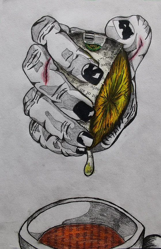 "Squeezed" a piece made of charcoal, sharpie, colored pencil, graphite pencil, a lemon produce sticker, and chopped pages of "Little Women" by Louisa May Alcott.