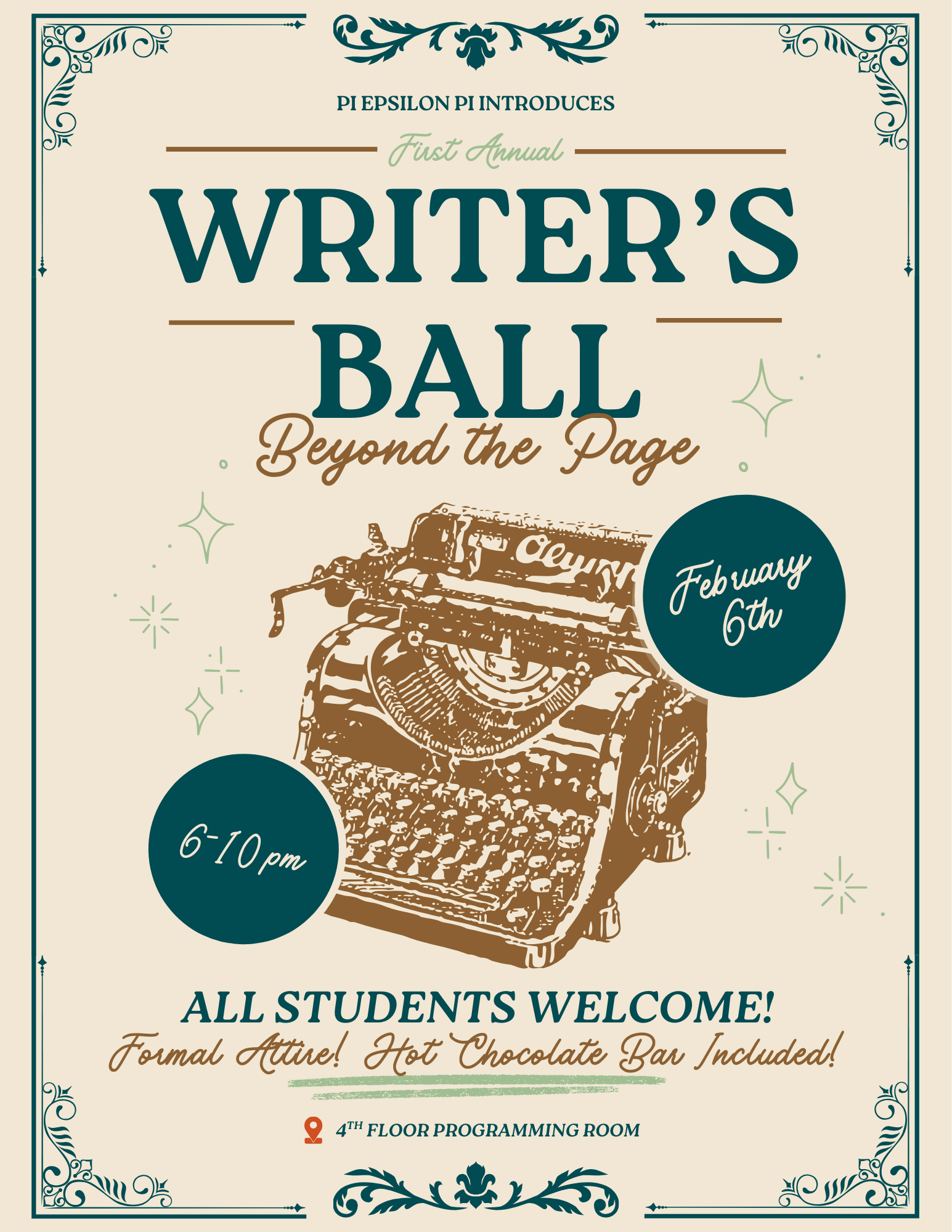 Flyer for The 2026 Pi Epsilon Pi Writer's Ball