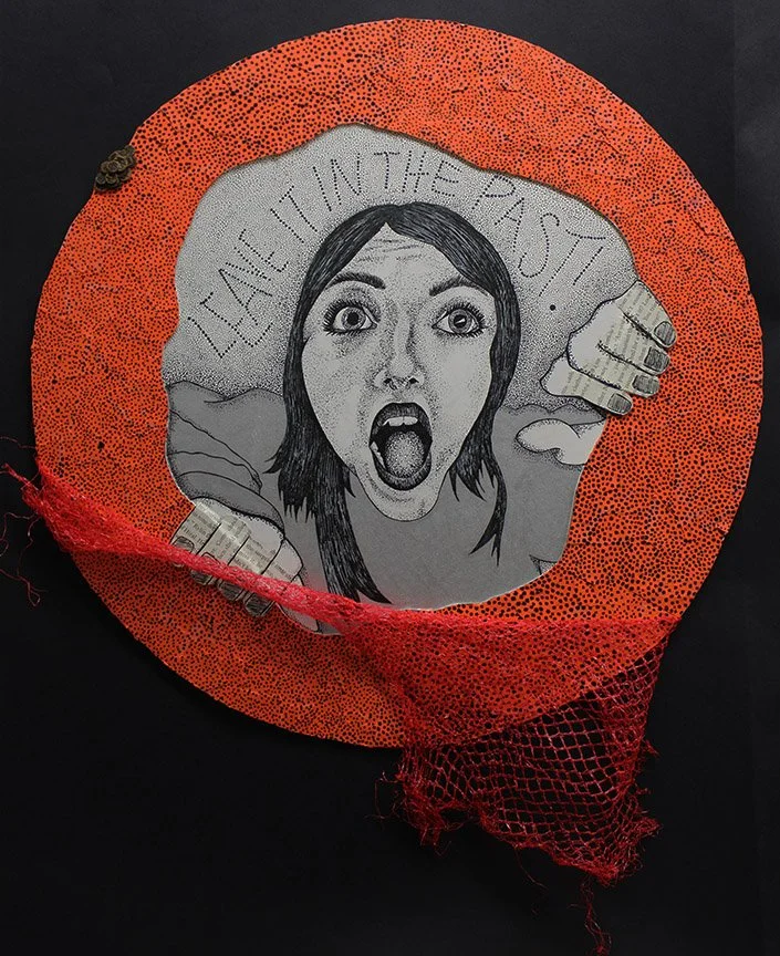"Peeled Back" is made of construction paper, bullet-point pen, wood, silver metallic leaf, pages from "Little Women" by Louisa May Alcott, and a clementine net.