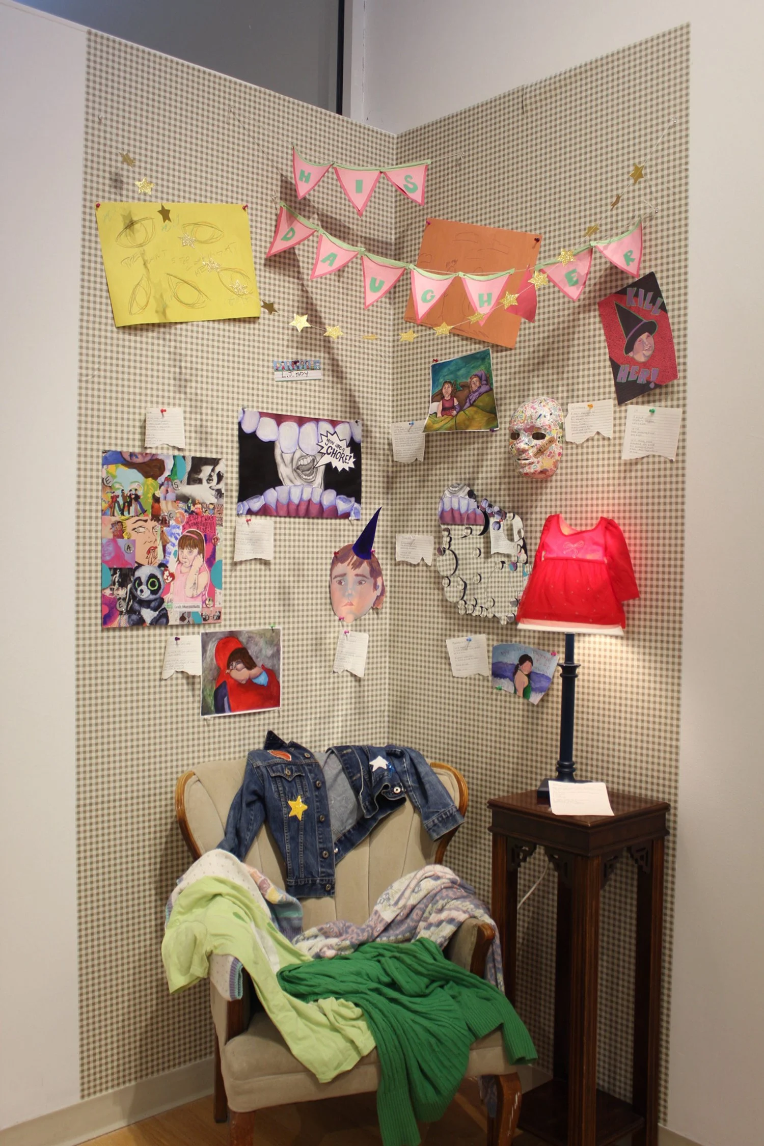 Presented as a childhood bedroom at Loyola University Maryland's Julio Fine Arts Gallery. 